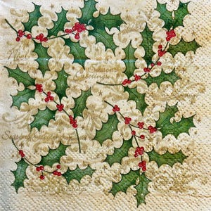 3 Decoupage Beverage Napkins, Holly Red Berries Greeting, 10&quot; x 10&quot; unfolded