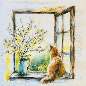 3 decoupage servetten: kat in het raam wacht op de lente, 13 x 13 inch, uitgevouwen