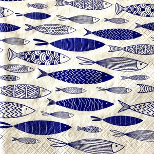 3 Decoupage Servietten, Schoal Blau Weiß Fisch, 13" x 13" Unfolded