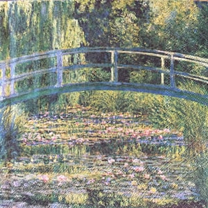 3 guardanapos de decupagem, Monet Garden Giverny Water Lilies Pond Bridge, 13" x 13" desdobrado