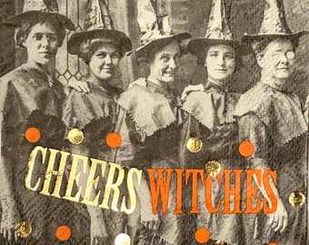 3 Decoupage Beverage Napkins, Halloween Cheers Witches, 10" x 10" Unfolded