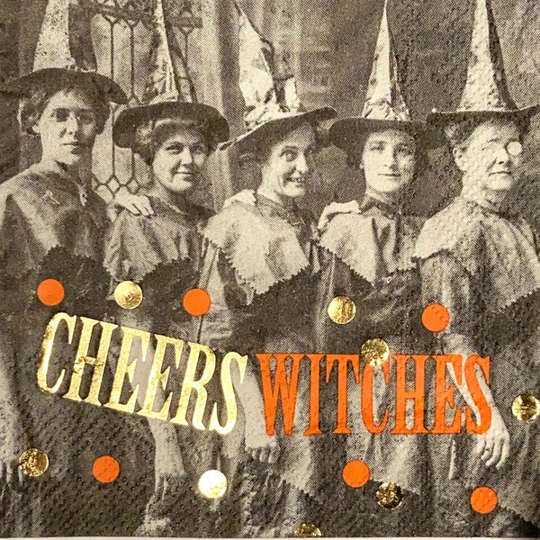 3 Decoupage Beverage Napkins, Halloween Cheers Witches, 10" x 10" Unfolded