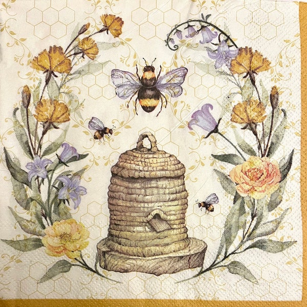 3 Decoupage Napkins, Summer Bees Flowers Beehive, 13" x 13" Unfolded