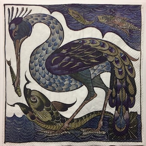3 tovaglioli per decoupage, V & A De Morgan Heron Egret Fish Tiles 13" x 13" spiegati