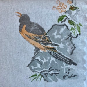 3 serviettes en papier de riz de découpage japonais vintage, deux oiseaux oranges dans un jardin japonais, 14" x 14" déplié