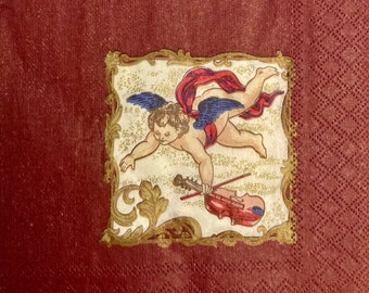 3 Decoupage Beverage Christmas Napkins, Cupid Angel With Violin Burgundy 10" x 10" Unfolded