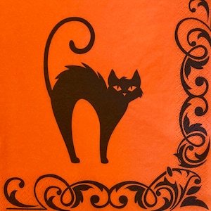 デコパージュナプキン 3 枚 - ハロウィーン黒猫渦巻き、展開時 13 インチ x 13 インチ