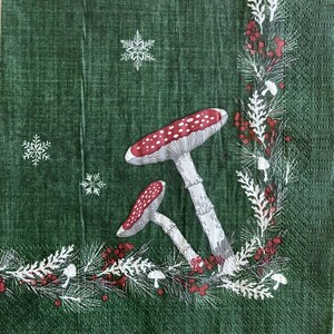 3 Decoupage Napkins, Red Mushrooms Greenery, 13&quot; x 13&quot; unfolded