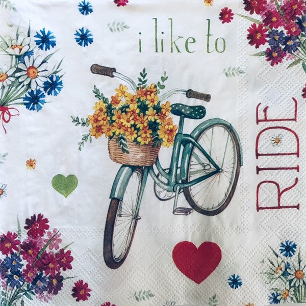3 Decoupage Napkins, Bicycles Flower Baskets I Like To Ride, 13" x 13" unfolded