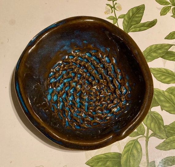 Handmade ceramic garlic grater dish- shades of blue