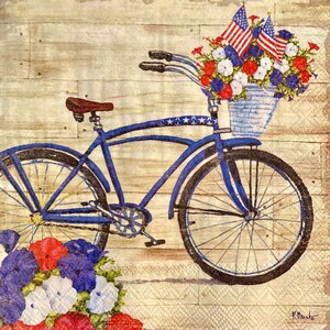 3 Getränke Decoupage Servietten, Blue Bicycle USA Vierte Juli Petunien, 10" x 10" aufgeklappt