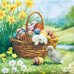 3 serviettes pour découpage, panier d'oeufs de Pâques lapins mignons, 33 x 33 cm non plié