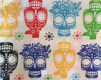 3 Découleurs Napkins - Multi-Color Da De Los Muertos Day of the Dead Calavera Skulls, 13" x 13"