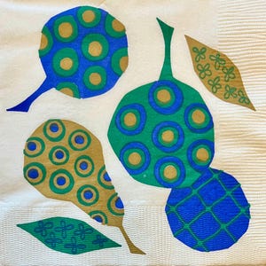 3 guardanapos vintage para decoupage de bebidas, Kalla Raymor MCM frutas decoradas 10" x 10" desdobrado