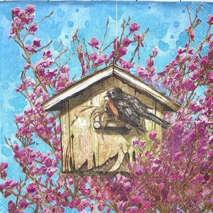 3 serwetki do napojów z decoupage'u, Spring Little Birdhouse, 10" x 10" po rozłożeniu