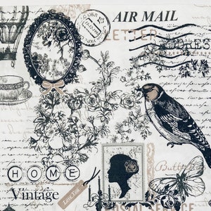 3 serwetki do decoupage'u Air Mail Bird Collage Poetie Black White 13" x 13" rozłożone