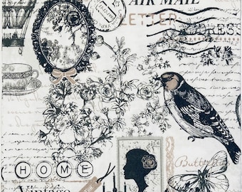 3 Decoupage Napkins Air Mail Bird Collage Poetie Black White 13" x 13" Unfolded
