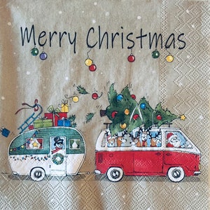 3 guardanapos de decoupage, trailer de acampamento de Natal Papai Noel 13" x 13" desdobrado