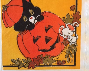 3 Decoupage Authentic Vintage Napkins, Happy Halloween Black Cat Mouse Jack o Lantern, 1982, 13"x13"