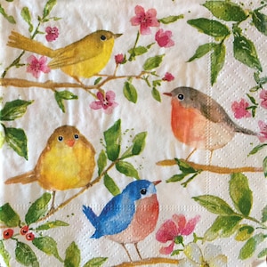 3 Decoupage Beverage Napkins, Colorful Spring Birds, 10&quot; x 10&quot; Unfolded