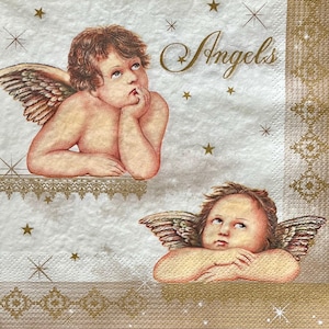 3 Servietten in Decoupage Form, zwei Raphael Engel Putten, 33 cm x 33 cm ungefaltet