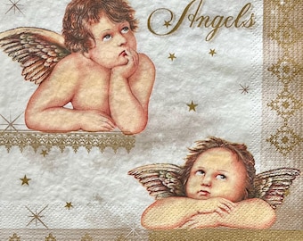 3 guardanapos de Natal decoupage, dois anjos Raphael querubins, 13" x 13" desdobrados