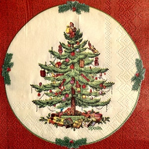 3 Decoupage Holiday Beverage Napkins, Spode CHRISTMAS TREE Red Border 10" x 10" Unfolded
