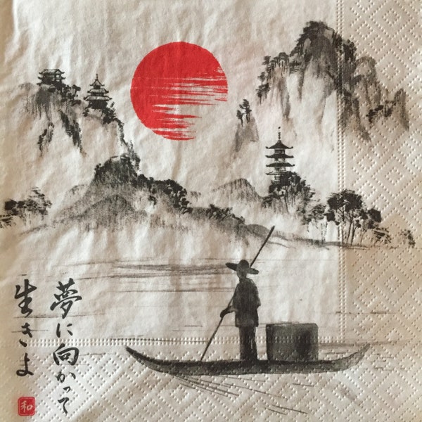 3 serviettes à découpage, peinture chinoise coucher de soleil sur un lac, 33 x 33 cm déplié