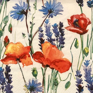 3 guardanapos de decoupage, flores selvagens de verão, papoulas vermelhas, 13" x 13" desdobrados