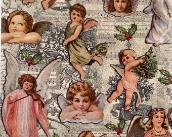3 Decoupage Christmas Napkins, Vintage Angels With Musical Notes, 13" x 13" unfolded