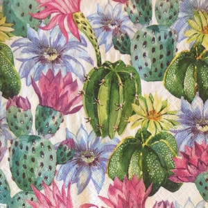 3 servilletas de decoupage, flores de cactus de acuarela 13" x 13" desplegadas desplegadas
