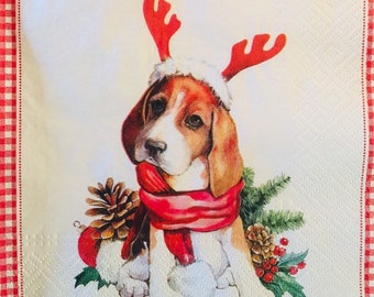 3 Decoupage Luncheon Servetten, Kerst Beagle Hond 13 "x 13" Uitgevouwen