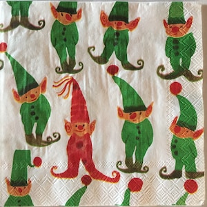 3 Servilletas de bebida de coupage, pequeños elfos de Navidad, 10&quot; x 10&quot; abierto