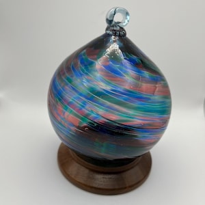 Hand Blown 6&quot; Blue Green Swirl Art Glass Ball Globe Sphere Ornament With Hanging Stem, Unsigned