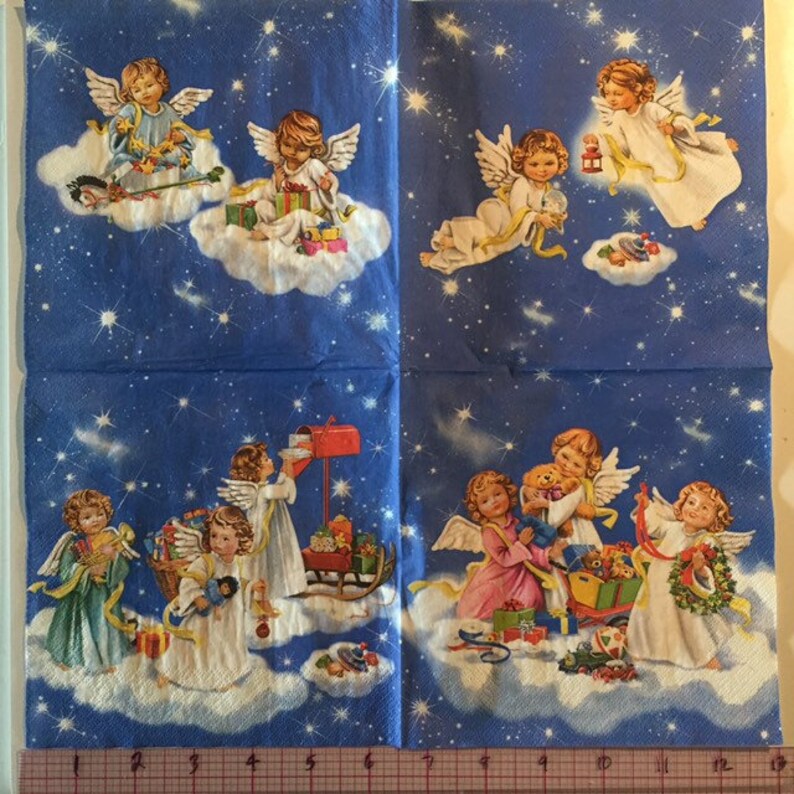 3 Decoupage Christmas Napkins Angels in Clouds With Toys Etsy