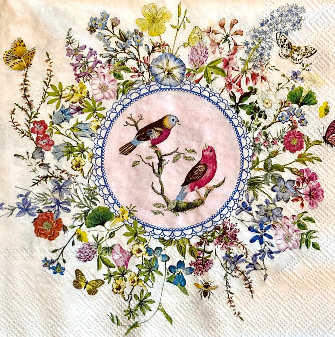 3 Decoupage Lunch Napkins, Spring Birds Floral Frame Medallion 13 X 13