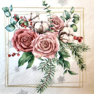3 guardanapos de decoupage, desenho de buquê de vegetação de algodão rosa de inverno 13" x 13" desdobrado