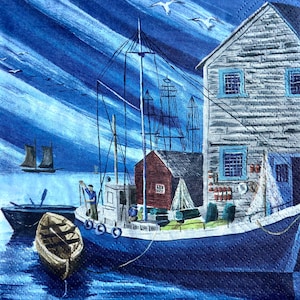 3 serviettes de déjeuner de découpage, bateau de pêche océanique bleu 13 « x 13 » déplié