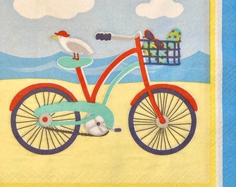 3 Decoupage Napkins, Summer Beach Bicycle, 13" x 13" unfolded