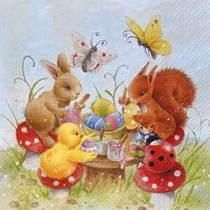 3 tovaglioli per decoupage, coniglietto scoiattolo pulcino coccinella che dipinge le uova di Pasqua, 13" x 13" aperto