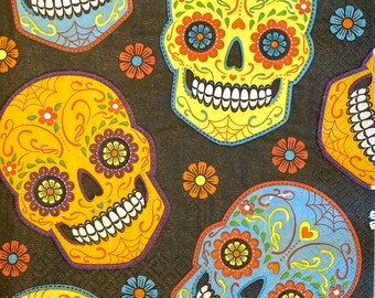 3 serviettes de découpage - Día De Los Muertos Jour des Morts Calavera Grands crânes colorés, 13" x 13"