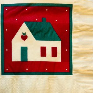 3 zabytkowe serwetki do napojów z decoupage'u, Hallmark One Patchwork House, 10" x 10" rozłożone