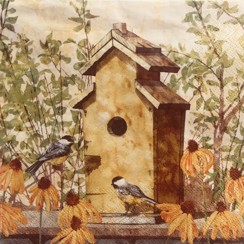 3 Decoupage Napkins Autumn Birdhouse Birds 13 X Etsy