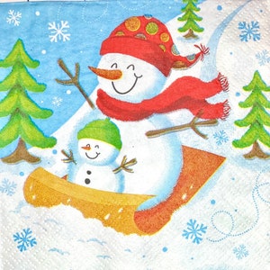 3 Servietten Servietten, Großer Kleiner Schlitten Schneemann, 10 "x 10" ungefaltet