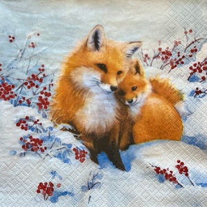 3 serviettes pour découpage, Famille de renards hivernaux dans la neige, 13 x 13 po. déplié