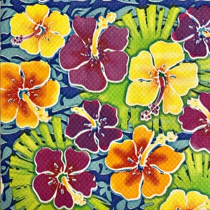 3 guardanapos de decoupage, flores de hibisco coloridas de Luau de verão tropical havaiano, 13&quot; x 13&quot; desdobrados
