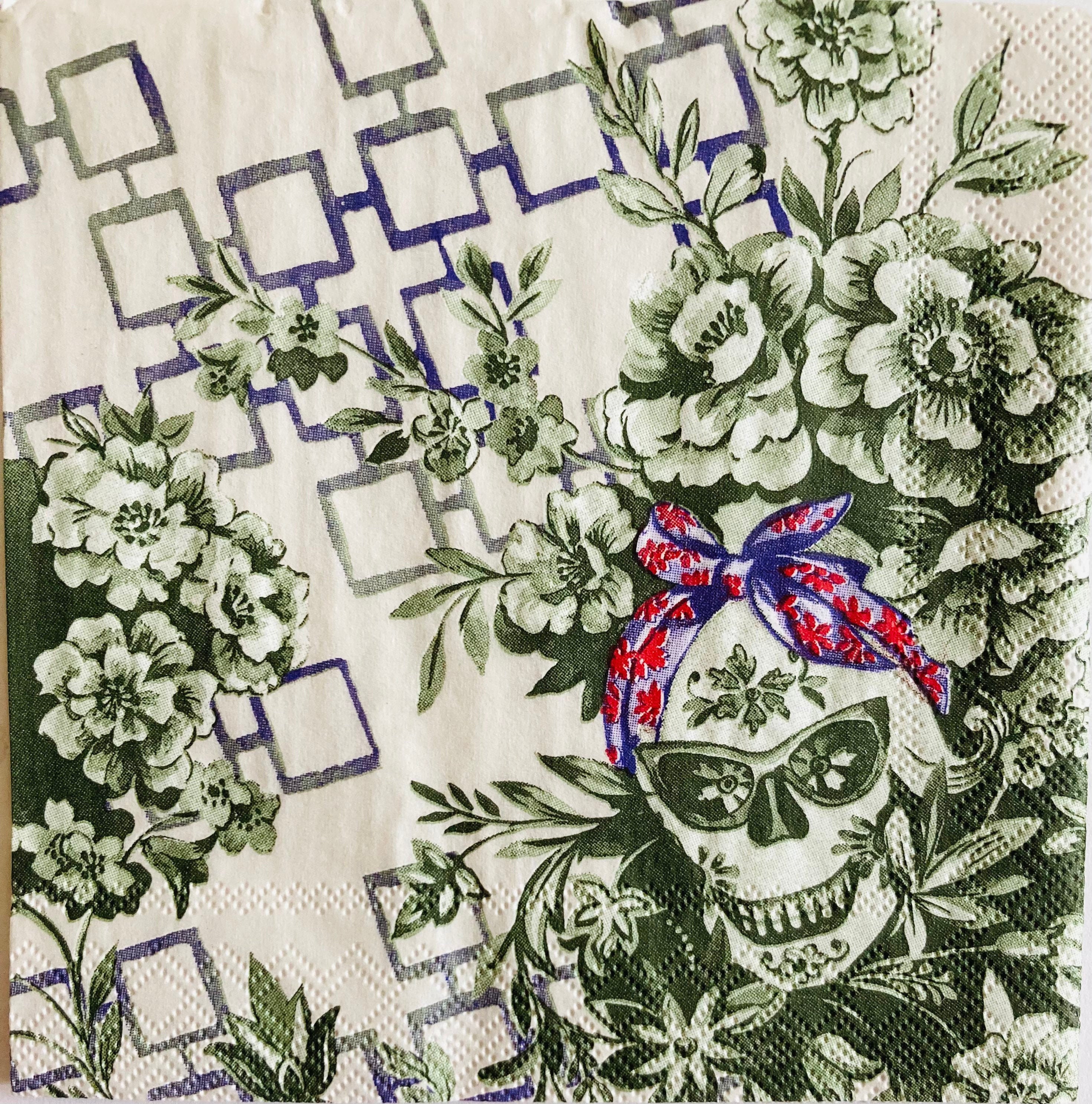 3 Decoupage Beverage Napkin - Día De Los Muertos Day of the Dead Calavera Catrina Gray Skull, 10" x 10" Unfolded