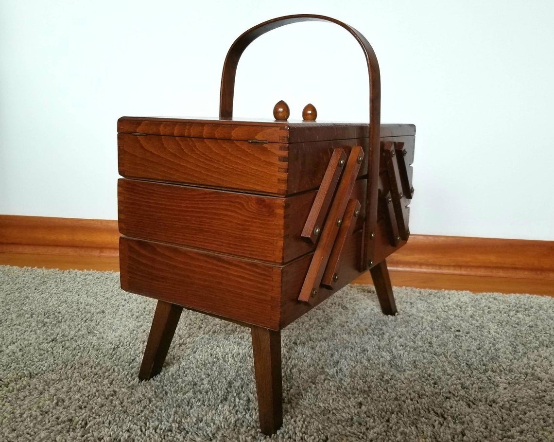 Wood Sewing Box Accordion Style Vintage 1960's Mid Century Etsy