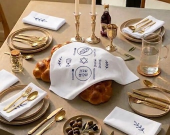 Jewish Vintage Inspired Gift For Shabbat Challah Cover Hand Embroidered In Blue Hebrew Script Wedding Gift Wedding Shower Jewish Decor