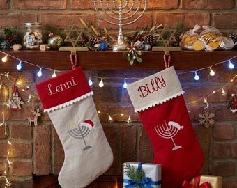 Mixed Faith Hanukkah Stocking Embroidered,Hanukkah stocking,Christmas Hanukkah Stocking ,Menorah Santa Stocking,Jewish Gift,Christmas Decor